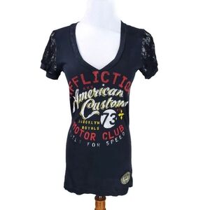 Affliction Women’s T-Shirt American Customs Motor Club Y2K Lace V-neck  Sz S